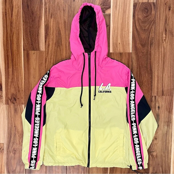 PINK Victoria Secret Women Neon Pink Yellow LA California Windbreaker Jacket XS - Picture 1 of 15